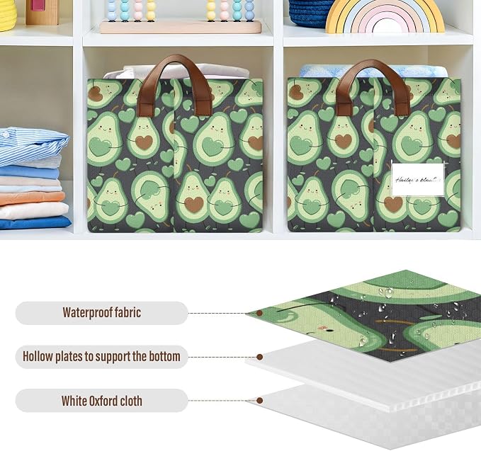 Avocado Green Happy Fruit Storage Bins for Shelves with Labels&Handles Fabric Organizer Bin Foldable Rectangle Storage Basket Boxes for Closet, Bathroom, Home, Living Room