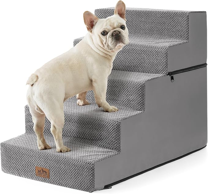 COZY KISS Dog Stairs for Small Dogs, 5 Step Pet Stairs for Beds & Couches | 23.6" Extra Wide Non-Slip Dog Steps with Removable Tiers & Support Board for Puppies, Older Cats & Dogs, Grey