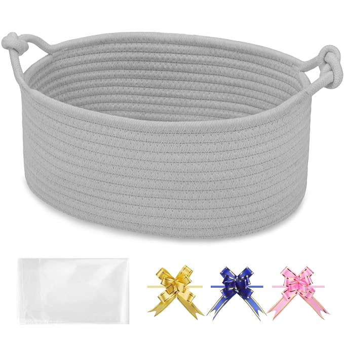 Small Empty Gift Basket with Bag & Ribbons, Cool Gray | 12“x8”x5”, Cotton Rope Woven Basket for Birthdays, Baby Showers, Mother's Day, Christmas; Stores Small Items, Kids & Pet Toys