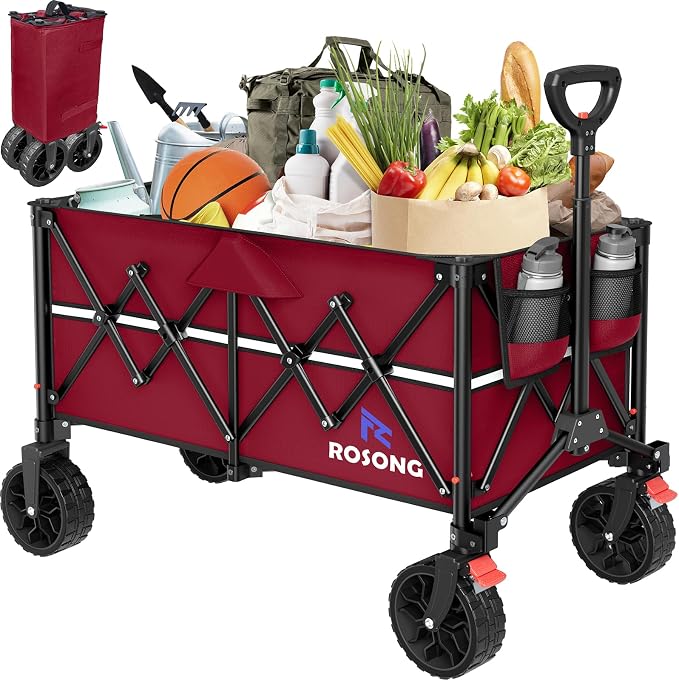 ROSONG Collapsible Wagon Cart with Wheels Foldable - Folding Utility Heavy Duty Wagons Carts for Grocery Sports Garden Shopping Camping Wheelbarrows (Burgundy, 150L)