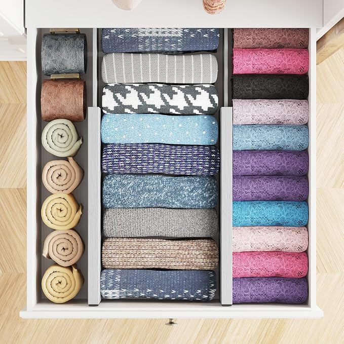 SpaceAid Bamboo 4 Pack Dresser Drawer Dividers, 4.65“ High Adjustable 12.5“-17” Drawer Organizers, Expandable Organization for Clothing, Clothes, Dressers, Gray