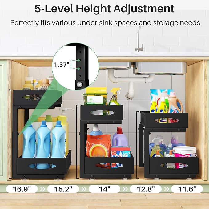 Under Sink Organizer, 2 Pack 2 Tier Pull out Cabinet Organizer Baskets with Mesh Sliding Drawers, Slide out Sink Storage Shelves for Home, Kitchen, Bathroom, Pantry, Office Organizers and Storag,Black