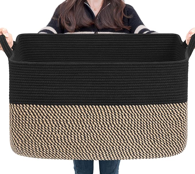 Goodpick 75L Extra Large Woven Blanket Basket, 22" x 17" x 12", Black Jute | Decorative Storage Basket for Blankets, Pillows & Toys, Living Room & Bedroom Organization, Nursery & Home Decor, Rectangle