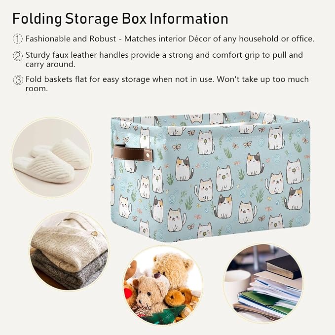 Wamika Cute Cats Storage Basket Fabric Storage Bin Laundry Baskets, Funny Cat Kitty Foldable Storage Boxes Organizer Bag for Baby Cloth Dog Toy Book Storage Cubes Shelf Closet Basket 16×12×8 Inches