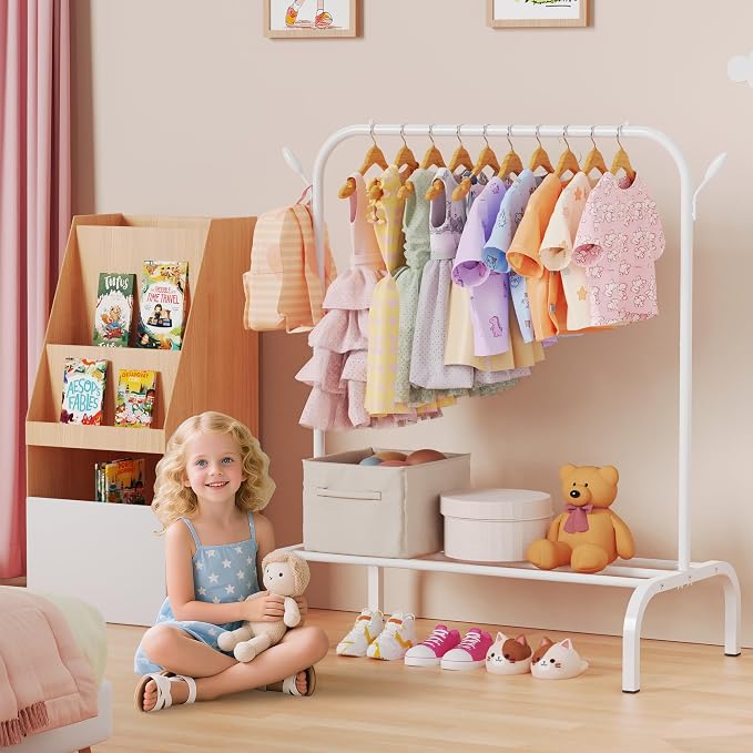 Kids Clothes Rack for Ages 3-6, Montessori Kids Clothing Rack, White | Kids Dress up Rack with Bottom Shelf & Side Hooks, Toddler Wardrobe Rack for Bedroom, Playroom, Nursery & Small Room Storage