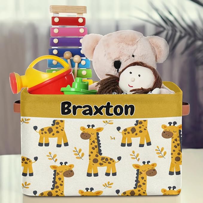 Custom Storage Baskets Name, Personalized Storage Bins Basket Boxes PU Leather Handles for Clothes Bedroom Closet Organizing Toys Books Shelves, Cartoon Giraffes Autumn Yellow Leaves