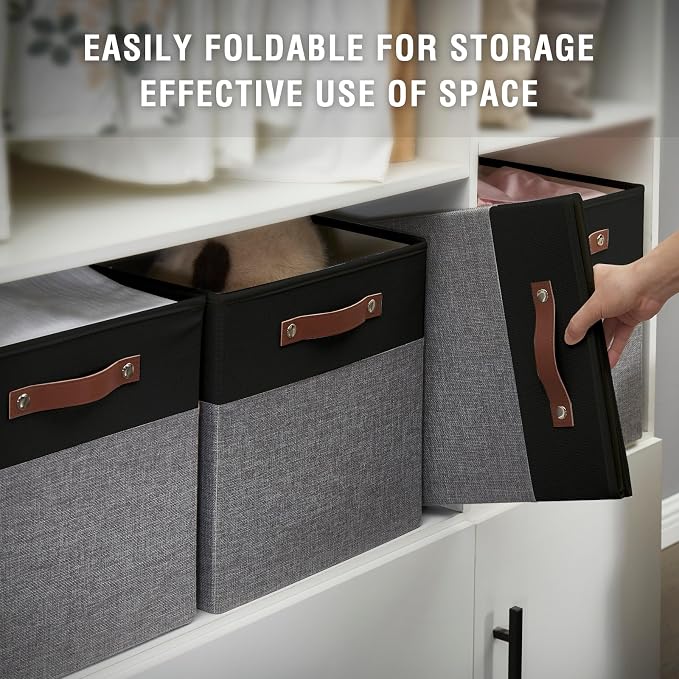 13x15x13 Storage Cube Bins, Foldable Storage Organizer Baskets, Fabric Cube Storage Boxes with 2 Reinforced PU Handles for Kallax, Shelves, Living Room | 4 Pack, Black & Gray