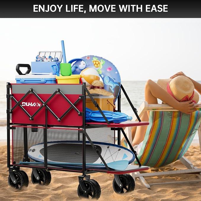 Double Decker Collapsible Wagon with Brakes,Compact with Tailgate | Big All-Terrain Wheels , 2-Tier for Camping Gear, Sports, Groceries, Shopping, Garden & Outdoor Use