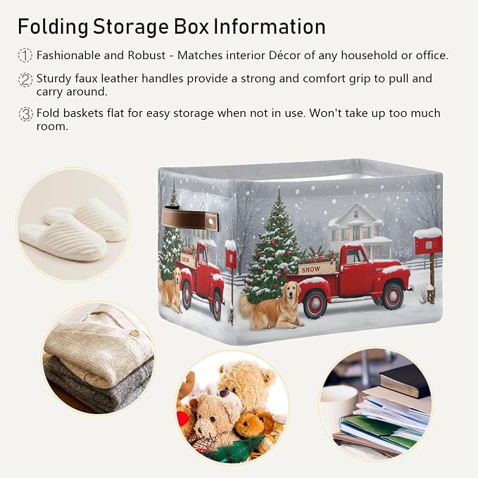 Christmas Tree Red Truck Storage Basket Fabric Laundry Baskets Winter Snowman Snowflake Golden Retriever Dog Storage Boxes Organizer Bag for Cloth Toy Book Storage Cubes Shelf Closet Bins 16×12×8