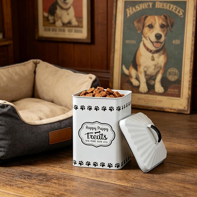 All Chic Dog Food Container Dog Food Storage Container with Lid & Sturdy Metal Handle with Spoon - Metal Kibble Storage Bin for Dogs up to 50 lbs -Pet Food Storage