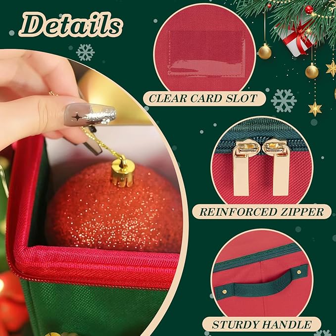 Christmas Ornament Storage Box with Adjustable Dividers Zippered Top Stores up to 128 Holiday Ornaments (3 Inch) Xmas Ball Decorations Organizer Storage Container Bin