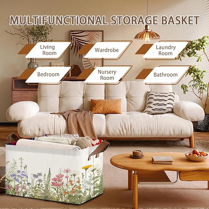 Floral Meadow Storage Basket Large 17x11.5x10.5 Inche-Collapsible Fabric Organizer Bin with Handles for Garden Party, Boho Decor, Living Room-Decorative Hamper with Field Flower Pattern-Single Pack