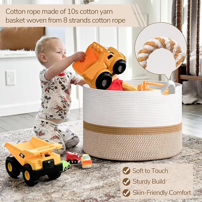 INDRESSME XXXLarge Woven Rope Blanket Basket Living Room White Camel, 90L | 21.7" x 13.8" Storage baskets for toys laundry & pillows. Fits living room, bedroom or nursery décor. Soft-touch with handles