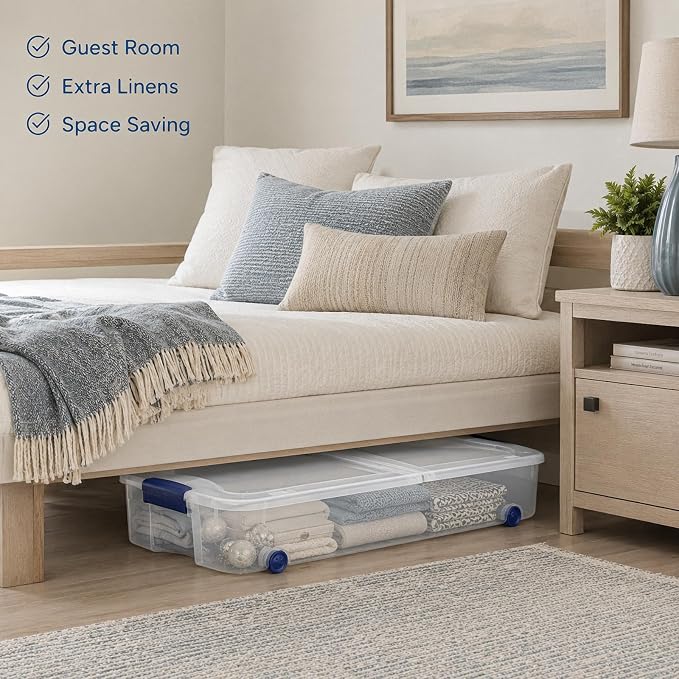 66 Qt Under Bed Storage Container, Wheeled Clear Latching Lid(2-Pack) | High capacity plastic, smooth gliding rollers, space saving clothing linens organizer, dorm wardrobe accessory