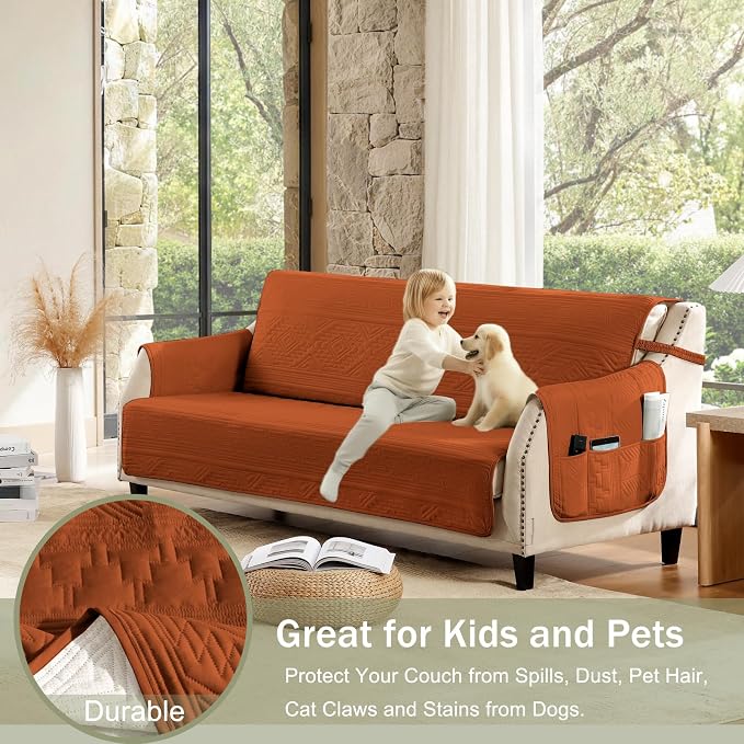 Boho Quilted Pet-Friendly Couch Covers with Pockets, Anti-Slip Aztec Couch Covers for 3 Cushion Couch, CouchCovers for Sofa Water-Repellent SofaCovers Washable (Large Sofa 68", Burnt Orange)