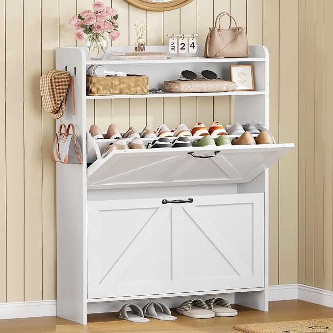 Shoe Storage Cabinet with 2 Flip Drawers for Entryway,Hallway | 9.4"Deep,Freestanding Shoes organizer,Adjustable & Removable Shelves,2 Hooks,Anti-tip Device,White