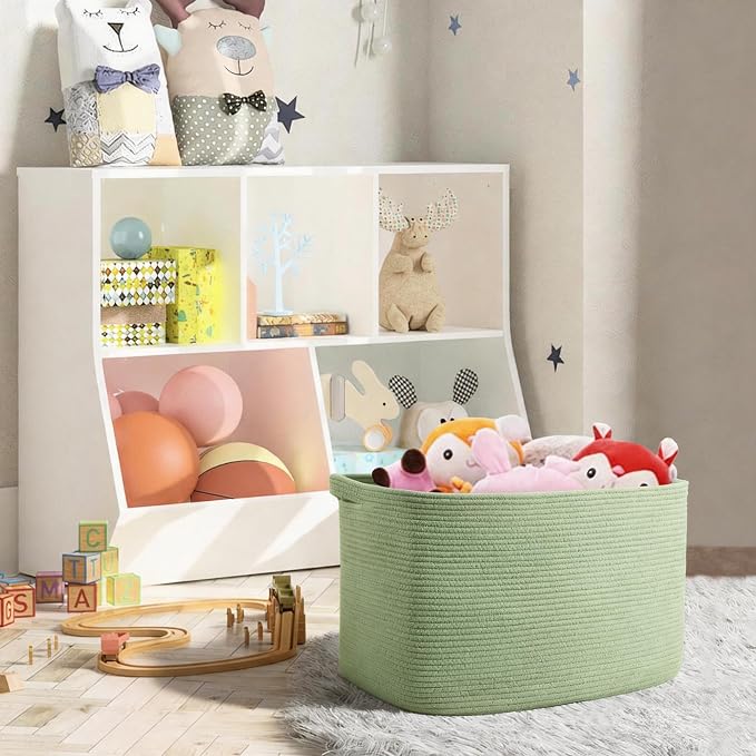 Large Green Baskets for Organizing, 23.6" x 17" x 12" Rectangle Blanket Holder Organizer, Kids Toy Storage Bins, Woven Rope Storage Basket, Green Home Decor Basket, Baby Nursery Storage
