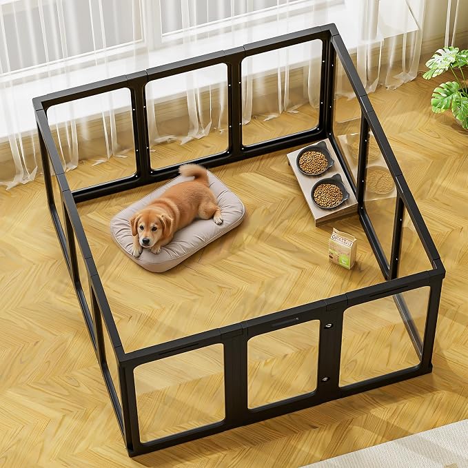 Jalove 12PCS Dog Playpen Clear Puppy Playpen Indoor, 30" H Easy Assemble | Ideal for Small to Medium Dogs,Relieves Pet Anxiety, Transparent Small Pet Play Pen, Sturdy Crate Whelping Cage, Black