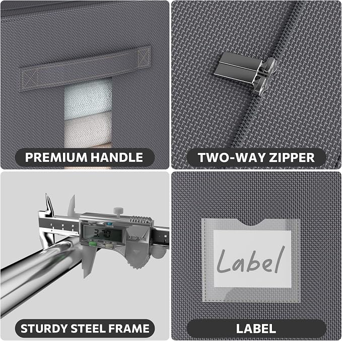 CYhom 3Pack Stackable Clothes Storage Bins - Oxford Frame Storage Box Foldable Clothing Storage Container Organizer Set with Clear Window & Carry Handles Large Capacity (Dark Gray, Large-66L)