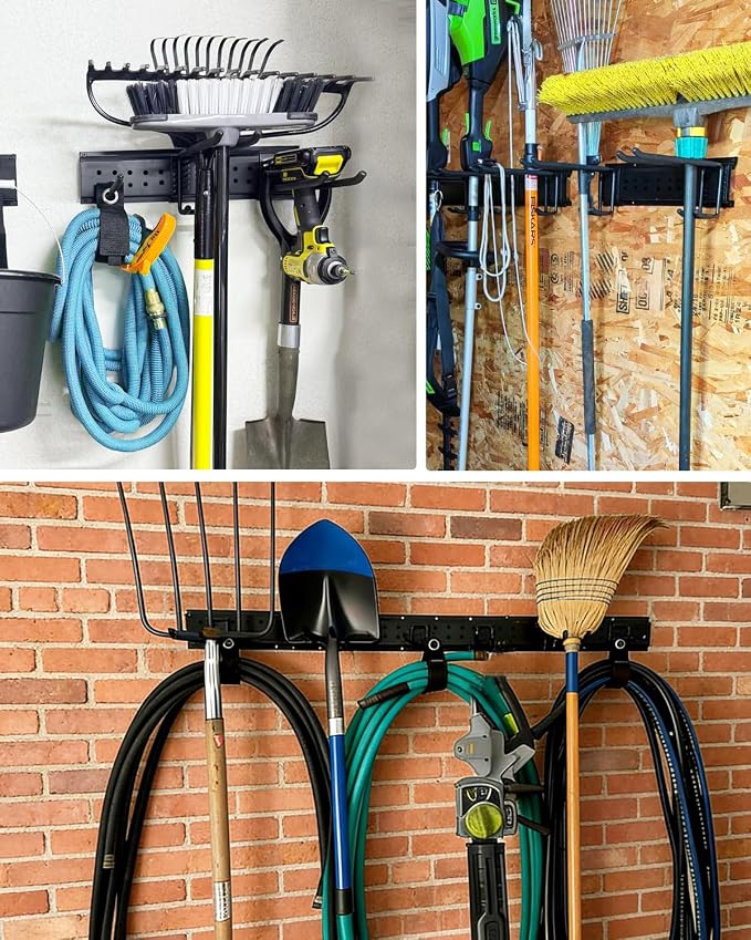 Garage Tool Organizer Wall Mount, 64in Tool Rack, 560LBS Capacity | Thick Steel, 12 Hooks in 4 Types, Rustproof Waterproof, Soft Anti-Scratch Hooks, With Storage Straps, For Garden Tool Storage
