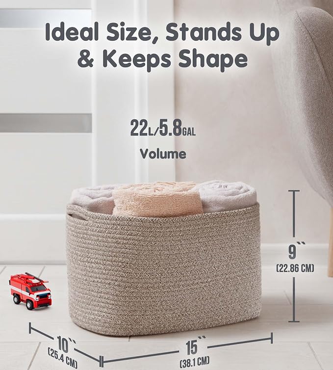 CHAT BLANC Cotton Rope Baskets for Organizing, Shelves, Toys, Storage, Shoe, Bathroom, Laundry, Towel, Nursery, Home Decor, Blanket, Cloth Woven Bins Fabric (Brown, 15"x10"x9")