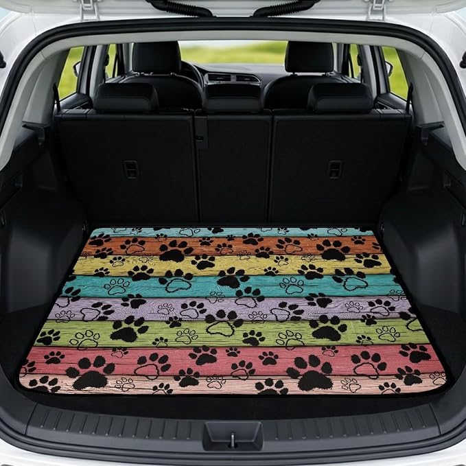 Paw Print Car Trunk Mat for Dogs 29" x 39", Wooden Grain Non Slip Cargo Liner for Cars Trucks, All Weather Washable Durable Pet Friendly Rear Protection Mats