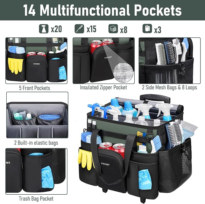 Ytonet Cleaning Caddy with Wheels, Extra Large Rolling Cleaning Caddy Bag | with Detachable Trolley for Housekeepers, Water Resistant Cleaner Supplies Organizer with Wheels for Kitchen, Tool Organizer