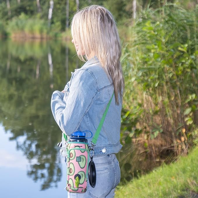 Made Easy Kit Water Bottle Carrier with Pocket for Dog Poop Waste Bags and Adjustable Padded Shoulder Strap (Tall & Large (40oz) with Bowl, Green/Pink, Avocado)