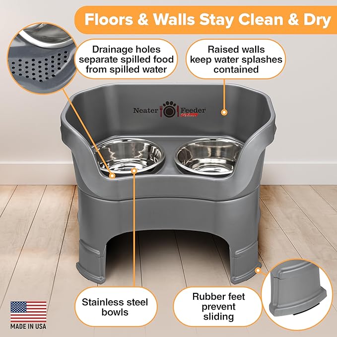 Neater Feeder Deluxe Mess-Proof Elevated Dog Bowls for Large Dogs (40+ lbs), 2 Height Adjustable (14.5” & 17.5”) No-Spill Raised Dog Bowl Stand, Stainless Steel Food Bowl Set, Made in USA, Gunmetal