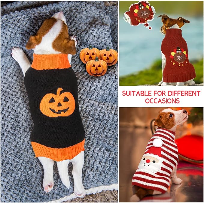 Sanwuta 3 Pcs Halloween Thanksgiving Christmas Dog Sweaters Sets, X-Large | Turkey,Santa,Pumpkin Festive Design, Soft Smooth Knit Turtleneck, Warm Holiday Costume for Small Dog and Cat, Party Photoprop
