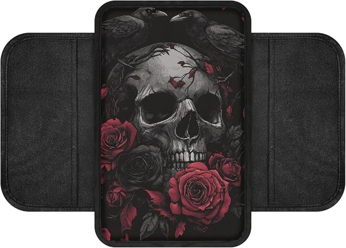 Howilath Car Armrest Console Cover Cushion Pad with 2 Bags | Raven Rose Skull Scratch-Resistant, Machine Washable, Fit for Long Commutes and Road Trips
