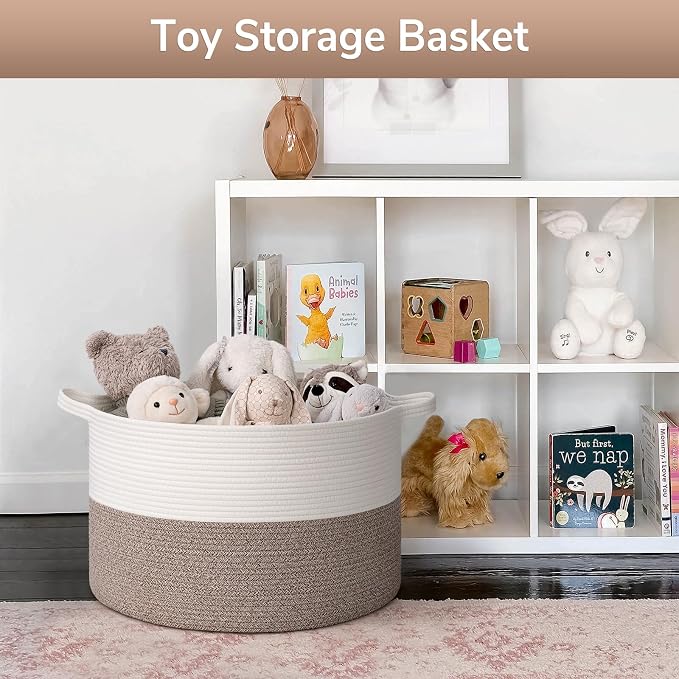 Goodpick 65L Large Woven Rope Basket for Blankets Living Room, 65L | 19.7 x 19.7 x 12.6 In Storage Basket for Toys Shoes, Cute Baby Laundry Hamper for Towels, Clothes, Mele