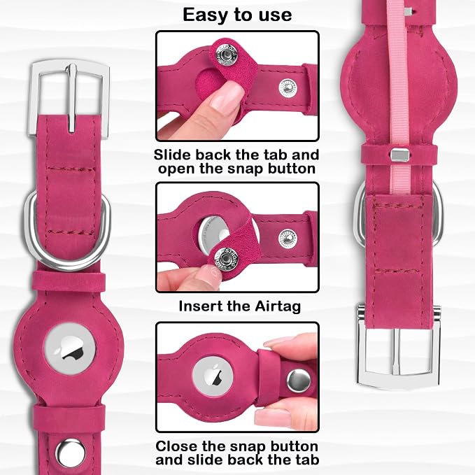 Leather Dog Collar with Airtag Holder - Apple Air Tag Dog Collars - Soft Tracking GPS Pet Collar for Small Medium Large Dogs Breed Puppy (Pink, M, 12"-15" Neck Fit)