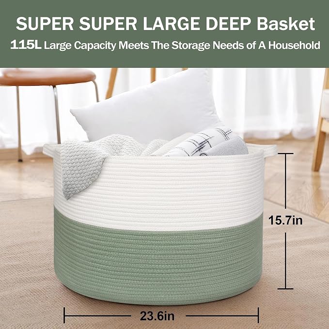 MEGASKET 115L Extra Large Blanket Basket, Kids Dog Toy Storage Bin Box, Nursery Baby Toddler Toy Organizer, Soft Cotton Rope Woven Bin, XXXL Jumbo Basket for Blankets for Living Room, 23.6"x15.7"
