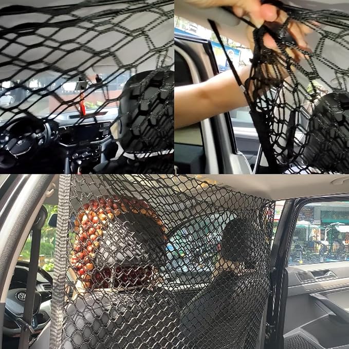 Car Dog Barrier Net, Hook Up Elastic Envelope Luggage Net (47.24" x 33.85") Dual Layer Safety Net for Pet Dog Vehicle Universal Mesh Barrier Guard Blocks Access to Car Front Seats Organiser Bag