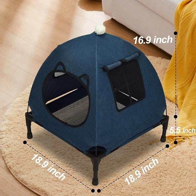 Pozico Elevated Pet Bed with Breathable Mesh for Small Cat and Dog, Raised Cooling Pet Cot for Puppy and Kitty, 18.9x18.9 inch (Navy Blue Bed with Canopy)