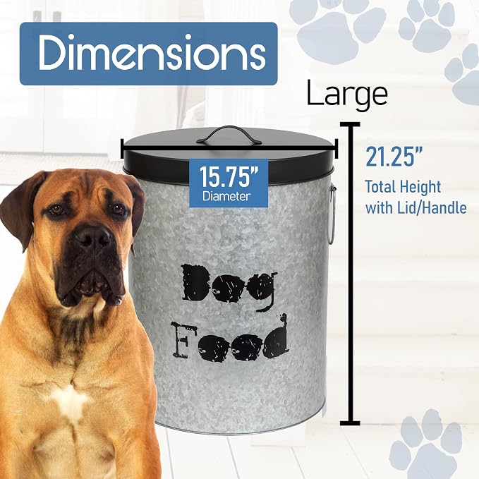 Large Dog 60lb Pet Food Storage Canister or Dog Bin with Scoop – Durable & Airtight for Freshnesss, Minimalist Design & Recyclable, Huge Large Metal Container