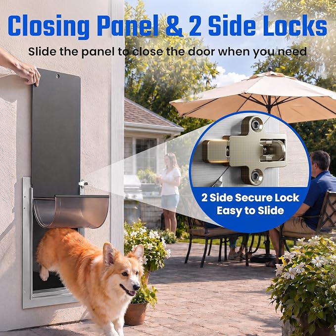 Dog Door for Wall, Medium Doggy Door, Heavy Duty Cat Pet Door, All Aluminum Frame, 2 Magnetic Flaps, Energy Efficient, Sliding Lock Panel, Easy to Install (Pets Up to 45 LB) | 2 Magnetic Flaps, Energy Efficient, Wide Telescoping Tunnel, Closing Panel &...