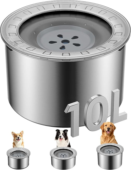 Heouvo 2.6 Gallon Large Dog Water Bowl No Spill,【Anti Digging Lid & Rubber Bottom】 Spill Proof Dog Bowl, Anti Splash Mess Dripless Slow Drinking Stainless Steel Water for Sloppy Messy Drinkers Car