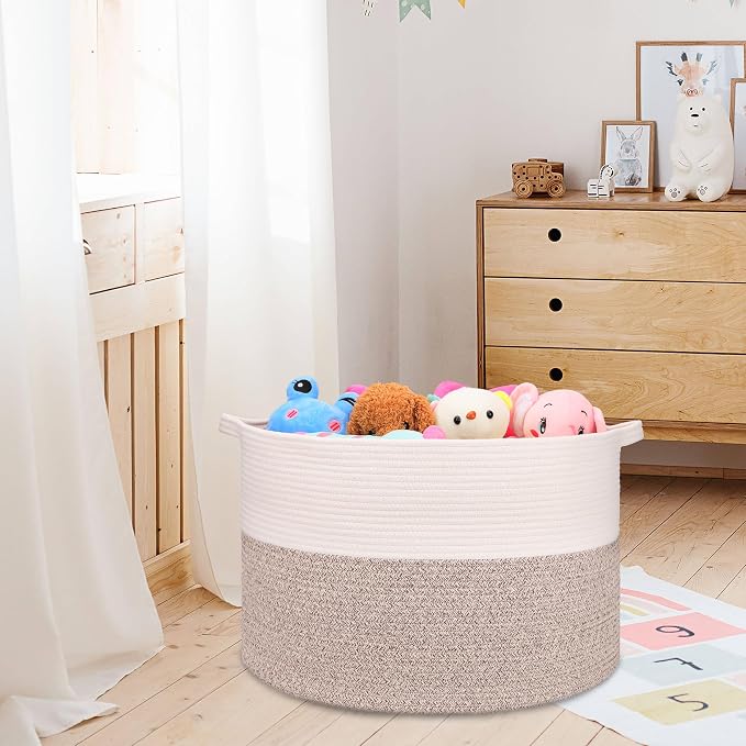 Large Cotton Rope Blanket Basket, 87L Laundry Hamper, White & Brown