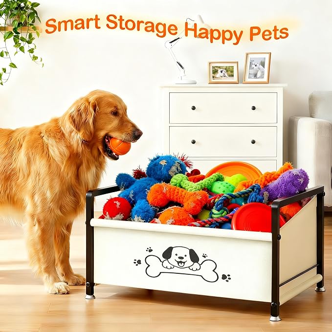 Dog Toy Box for Storage, Metal Frame Oxford Fabric Pet Toy Organizer with Raised Legs, Large Capacity Dog Toy Basket with Front Low Opening, Washable and Durable Design