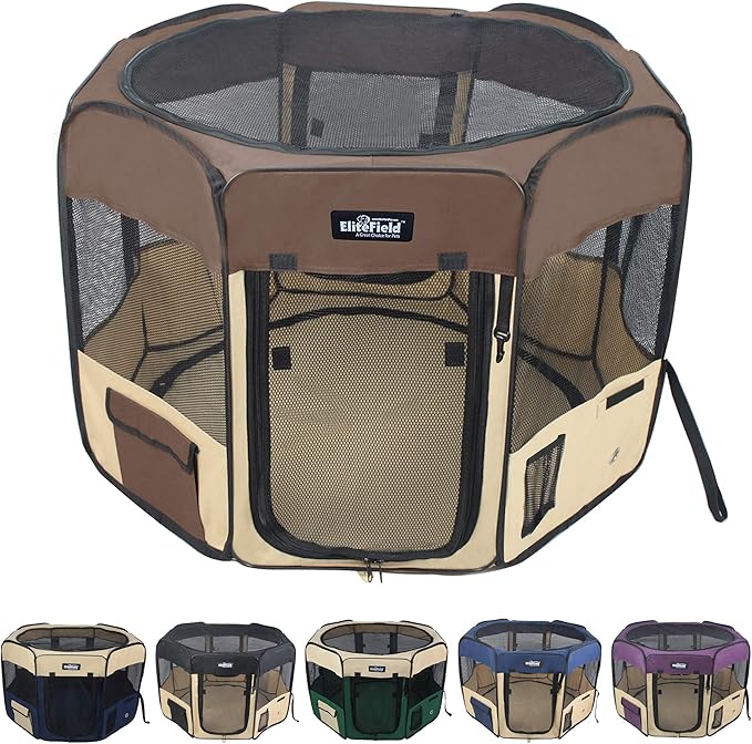EliteField 2-Door Soft Pet Playpen for Dogs and Cats (2-Year Warranty) | 600D Fabric, Washable Floor Mat & Top Cover, Indoor/Outdoor, Carrying Bag, Ground Stakes, Zipper Locks