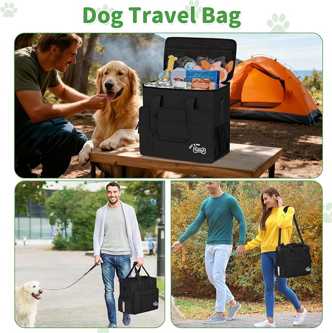 TORIBIO Large Dog Travel Bag for Supplies with Food Bowl | With 2 Food Container and Collapsible Bowls, Mat & Divider, Water-resistant, Pet Travel Kit for Weekend, Road Trips, Camping