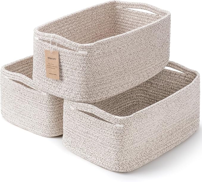 3 Pack Storage Baskets for Organizing, 13.7×9.5×6.3", Mixed brown | Woven Baskets for Shelves, Cotton Rope Basket for Gifts Empty, Closet Organizer Bins with Handles, Cube Decorative Box