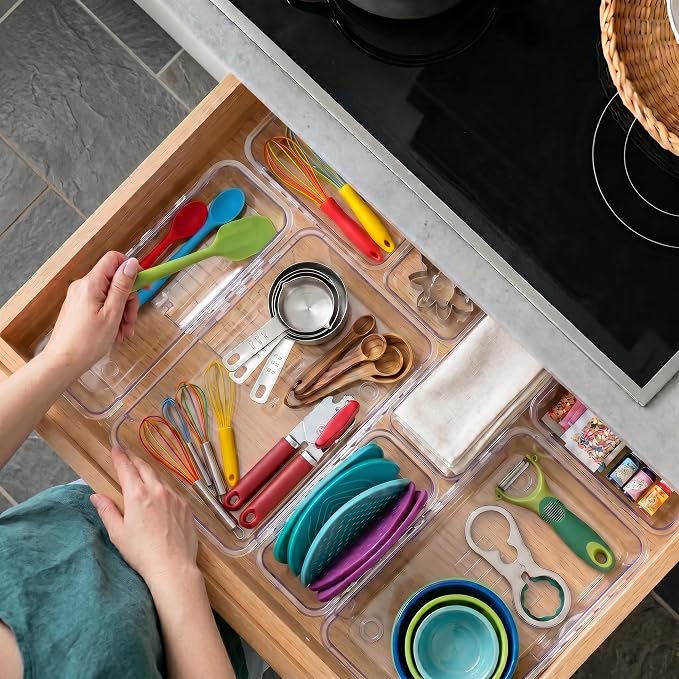 14 Pcs Expandable Clear Drawer Organizers, 3-Size Adjustable Storage Bins | Extendable Plastic Boxes, Thick Durable Arcrylic Bins for Makeup Jewelry Stationery Utensils Dresser Office Kitchen DIY Tools