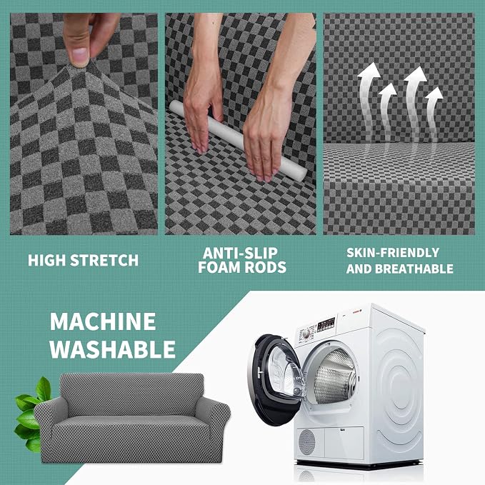 YEMYHOM Couch Cover Latest Jacquard Design High Stretch Sofa Covers for 3 Cushion Couch, Pet Dog Cat Proof Slipcover Non Slip Magic Elastic Furniture Protector (Large, Dark Gray Checkered)
