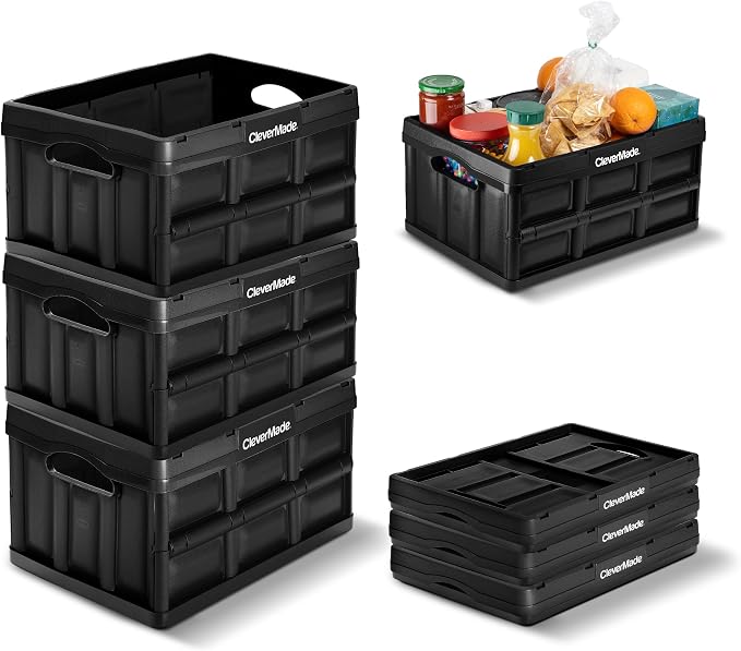 CleverMade Collapsible Storage Bins, 32L, 3 Pack Foldable Storage, Obsidian | Turn Trunk and Garage Clutter into Stackable Order | Reinforced Plastic Handles Up to 66 lb, Then Nests Compactly When Folded