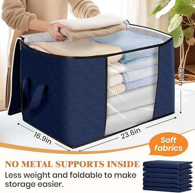 90L Clothes Storage, Foldable Thick Fabric Blanket Storage Bags | Foldable Containers with Zippers,Window and Handles for Organizing Bedroom, Closet, Comforter, Bedding,Dorm essentials