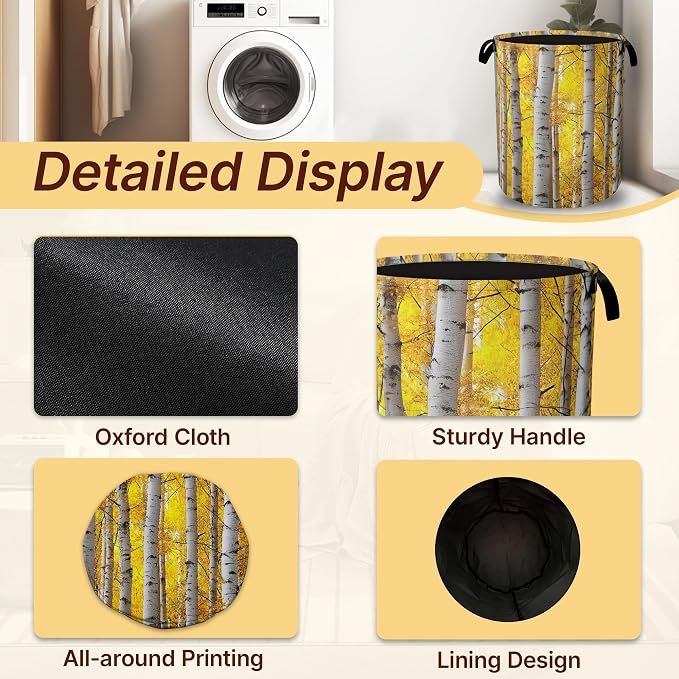 Laundry Hamper Foldable with Handles,Aspen Tree Leaves Oxford Cloth Basket,Large Capacity Storage Organizer for Bedroom Bathroom Dorm Room