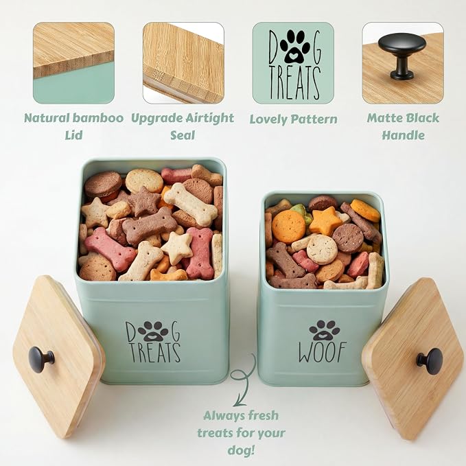 PERFNIQUE Dog Treat Container, Airtight Dog Treat Jar Set of 2, Dog Cookie Jar for kitchen Counter, Pet Treat Container, Dog Treat Canister and Storage, 7.8x6.2 & 7.3x5.5 (Sage Green)